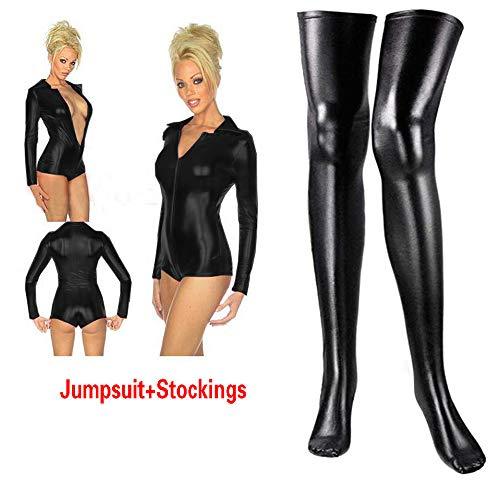 Plus Size Long Sleeve Jumpsuit Zipper Catsuit with Long Stockings
