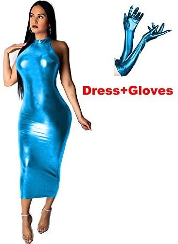 Plus Size Shiny Long Dress Sexy Lady Sleeveless Pencil Dress+Gloves
