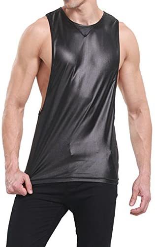 Red Black Tank Tops Men's Faux Leather Singlet T-shirt Boxer Sleeveless Vest