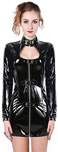 Choker Neck Nightclub Mini Dress Women PVC Slim Dress Belts Catsuit