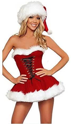 Christmas Costume Ladies Nifty Strapless Dress Santa Lace-up Mini Dress