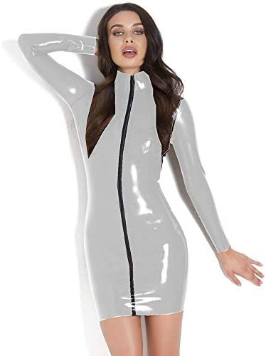 Plus Size Simple Long Sleeve Mini Dress Wet Look PVC Pencil Dress