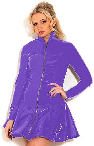 Plus Size Long Sleeve A-line PVC Dress Women Sexy Zip Skater Dress