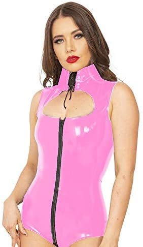 Plus Size Zip Open Crotch Bodysuit Women Lace Up Neck PVC Catsuit