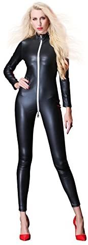 Women's Sexy Wetlook Long Sleeve Bodysuit Shinny Catsuit Zipper Crotch