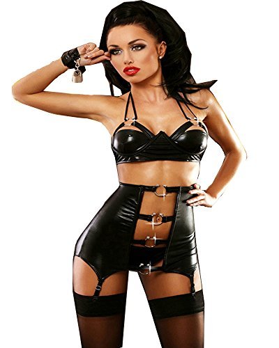 Women's Sexy Gothic Faux Leather Garter Lingerie Set Crotchless Teddy