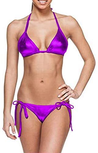 Plus Size Shiny Bikini Set Simple Halter Swimsuit Lace Up Swimwear