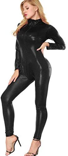 Women Faux Leather Crotch Zipper Catsuit Erotic Wet Look Bodycon Fetish Bodysuit Plus Size