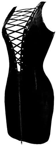 Women Sexy Lace Up Deep V Neck PVC Mini Dress Front Zipper