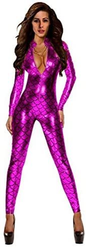 Women's Sexy Metallic Fish Scales Catsuit Long Sleeve Wetlook Bodysuit