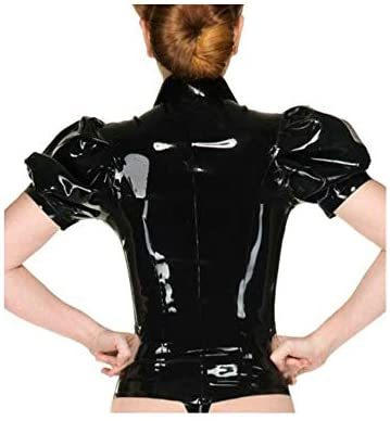 Plus Size Zipper Puff Sleeve Tops Lady Wet Look PVC Bodycon Blouse