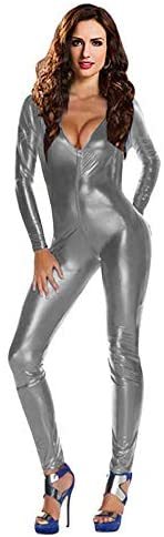 Women Sexy Deep V-Neck Jumpsuit Faux Leather Zip Catwoman Catsuit