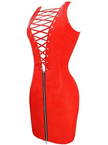 Women Sexy Lace Up Deep V Neck PVC Mini Dress Front Zipper