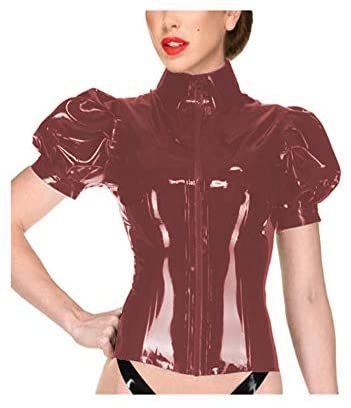 Plus Size Zipper Puff Sleeve Tops Lady Wet Look PVC Bodycon Blouse