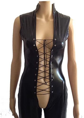 Women's Sexy Wet Look Lace up Catsuit Open Crotch