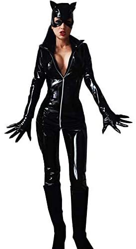 Women Sexy PVC Catsuit with Mask and Gloves Zipper Front Bodysuit Halloween Costume Outfit