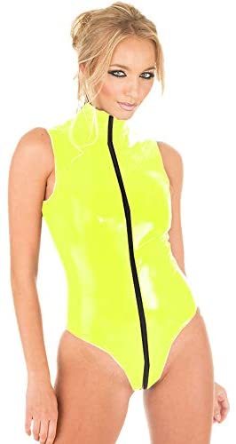 Plus Size Candy Color PVC Bodysuit Open Crotch Lady Sleeveless High Cut Catsuit