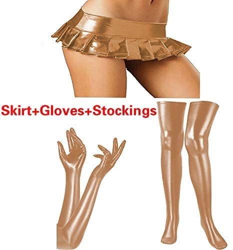 6XL 3 PCS Set Women Pleated Mini Skirt+Shiny Stockings+Long Gloves