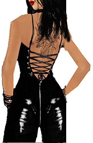 Women's Gothic Jumpsuit Lace Up Faux Leather Bodysuit Catsuit Sexy Clubwear