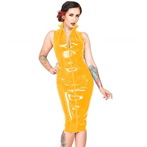 Plus Size 2 Way Zip PVC Dress Lady Sleeveless Turtleneck Midi Dress