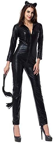 Women Sexy Black Red Catwomen Outfit Costume Leather Catsuit Zipper Crotch Halloween Costume Plus Size
