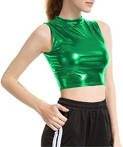 Plus Size O-Neck Slim Tops Lady Shiny Tank Tops Dancing Crop Tops