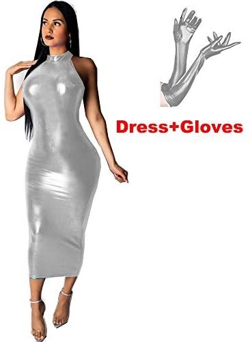 Plus Size Shiny Long Dress Sexy Lady Sleeveless Pencil Dress+Gloves