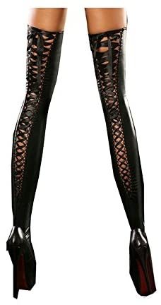 3 Colors Sexy Women's Faux Leather Thigh Highs Stockings Lace-up Back