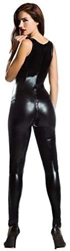 Women's Sexy Wetlook Sleeveless Catsuit Leather Jumpsuit Front to Crotch Zipper