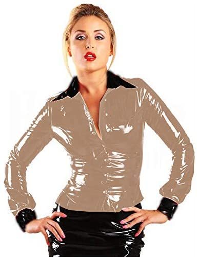 Plus Size Patchwork Color Blouse Women Button Wet Look PVC Jacket