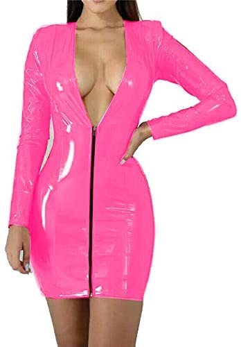12 Colors PVC Long Sleeve Dress Bodycon Deep V-Neck Zip Mini Dress