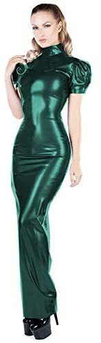 21 Colors Short Puff Sleeve Long Dress Ladies Retro Bodycon High Neck PVC Dress