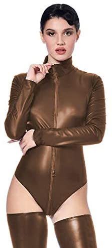 Plus Size Faux Leather Bodysuit Long Sleeve Catsuit with Stockings