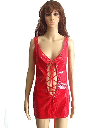 Women Sexy Lace-up PVC Dress Sleeveless Fetish Costume Gothic Clubwear