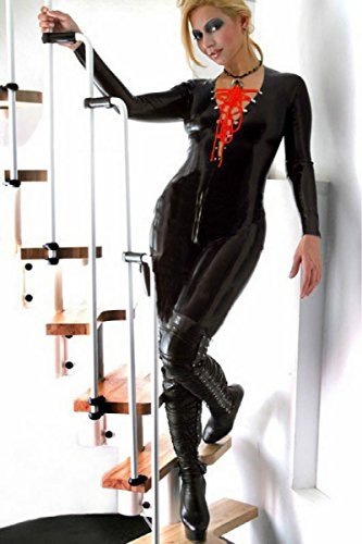 Red Lace-up Gothic Punk Jumpsuit Black Women's Zipper Bodysuit Shiny Catsuit
