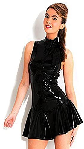 Women's PVC Zip Front Mini Dress Black Clubwear