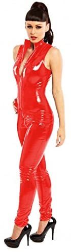 Black Red Women's Sexy Shiny PVC Catsuit Sleeveless Zip to Crotch Jumpsuit Clubwear