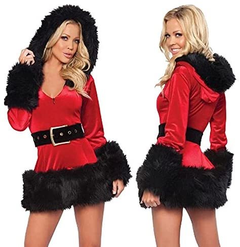 Women's Miss Santa Costumes Sexy Christmas Party Cosplay Hooded Dress