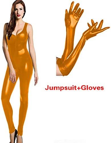 16 Colors Zip to Crotch Catsuit Low Cut Jumpsuit with Shiny Gloves