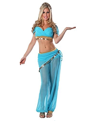 Sexy Belly Dance Costume Set Blue Transparent Halloween Cosplay Indian Princess Dress