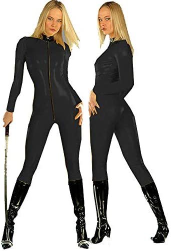 Black Neck Catsuit PVC Women Zipper Jumpsuit Glossy Cosplay Catsuit