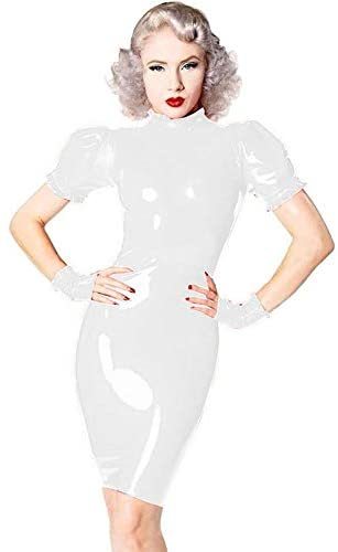 Plus Size Sexy PVC Ruffles Dress Lady Puff Sleeve Mini Dress+Gloves