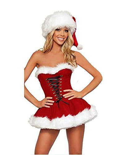 Christmas Costume Ladies Nifty Strapless Dress Santa Lace-up Mini Dress