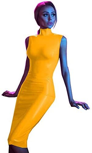 9 Colors PVC Glossy Sleeveless Midi Dress Lady High Neck Slim Dress