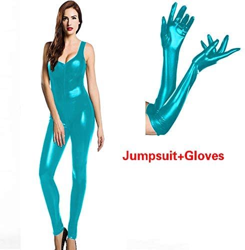 16 Colors Zip to Crotch Catsuit Low Cut Jumpsuit with Shiny Gloves