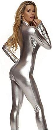 Metallic Catwoman Zentai Zipper Stretch Catsuit High Neck Jumpsuit