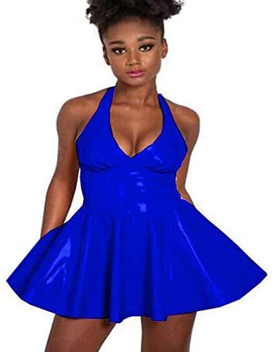 12 Colors Backless PVC Mini Dress Women Deep V-Neck A-line Dress