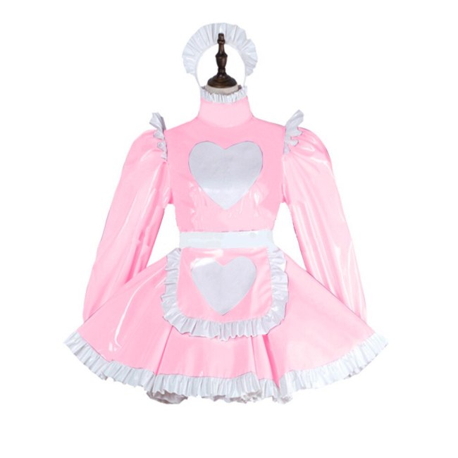 23 Colors Ladies Long Sleeve A-line Mini Dress Sweet Maid Pleated Dress Housekeeper Cosplay Costume With Heart Pattern Apron