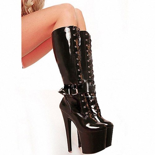 Rock Style Women Platform Pumps Boots Black Red Faux Leather High-heeled Boots Buckle Lace Up Zipper Botas Fetish Party Shoes