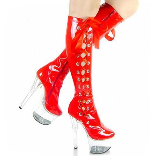 Black Red Mid Calf Artificial PU Boots Women Sexy Lace Up Shoes Fashion Stiletto Boots Rider Masquerade Cosplay Outfit